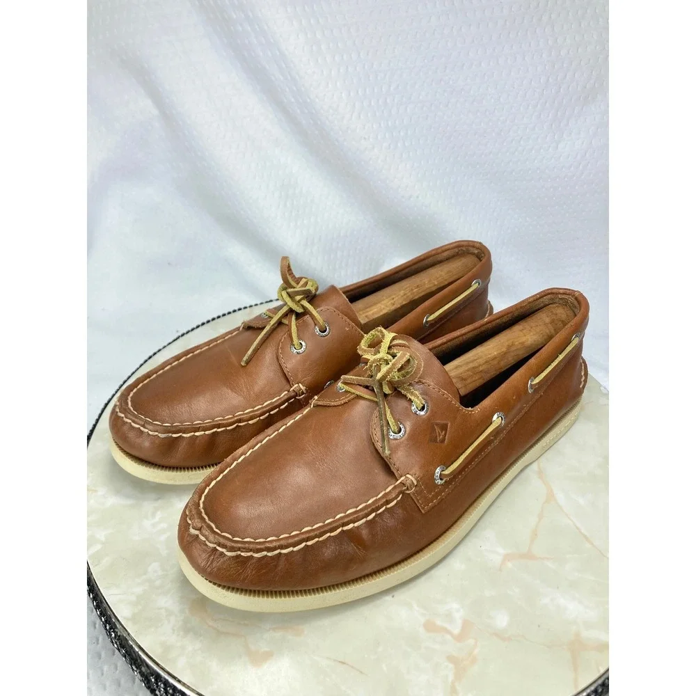 Sperry Top Sider Authentic Original Boat Shoes Men 10.5 Tan Leather 2-Eye Loafer